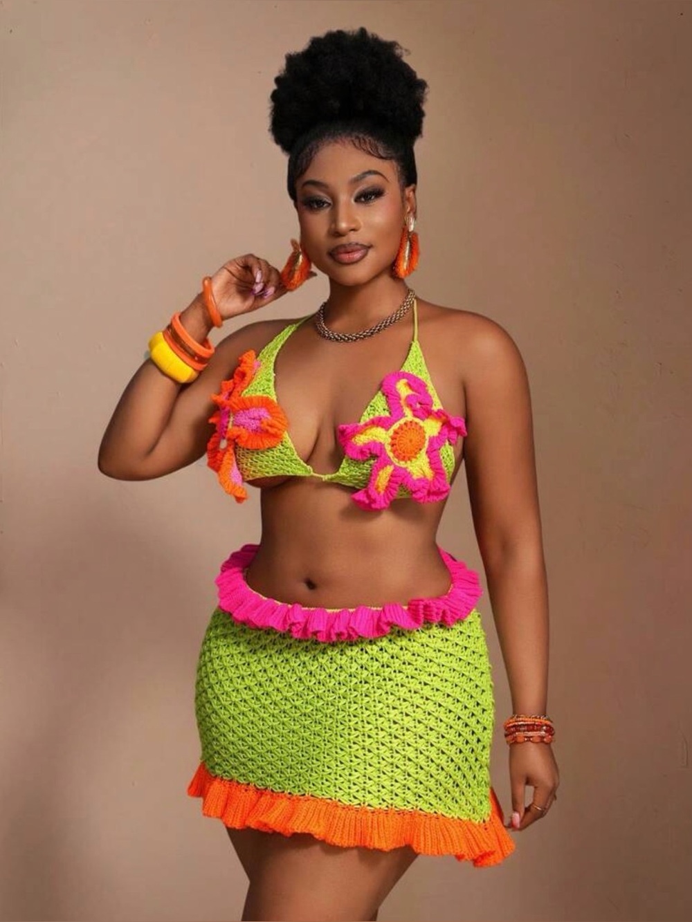 New Handmade Crochet Two-Piece Set — Lime Green, Hot Pink & Orange Floral Accent